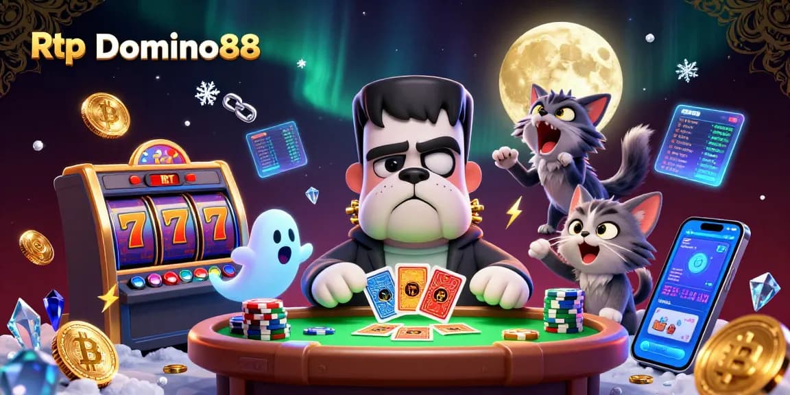 Engage in thrilling games with Rtp Domino88, featuring colorful slot reels and exciting casino characters.