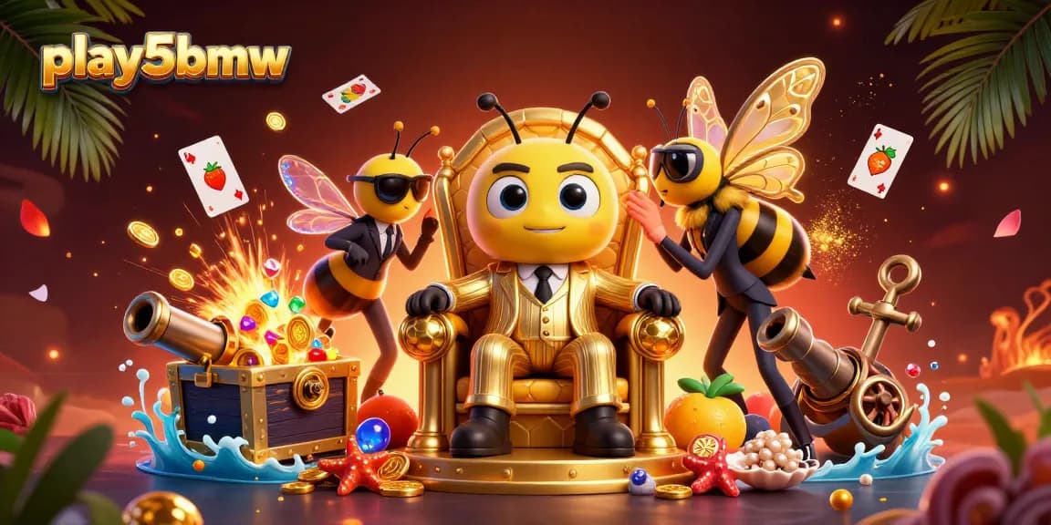 Engage with play5bmw as a 3D bumblebee mob boss presides over a vibrant casino scene with treasure and gaming elements.