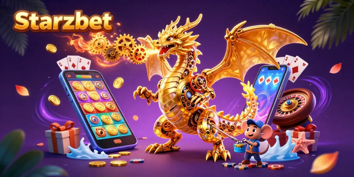 Engage with Starzbet's thrilling features as a golden dragon breathes gears and cogs in the casino scene.