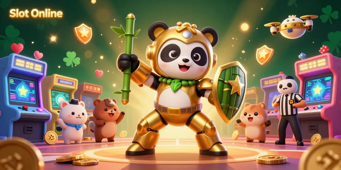 Engage with Slot Online in an exciting 3D casino scene featuring a golden panda and arcade elements.