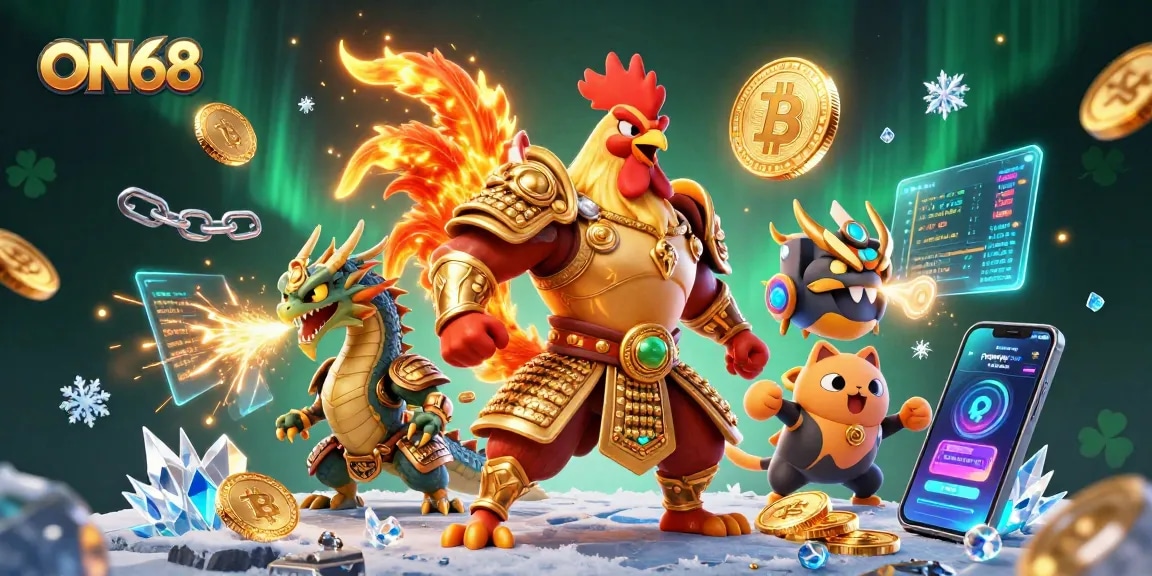 Engage with the immersive ON68 gaming experience featuring a cartoon rooster warrior and dragon in a lively casino scene.