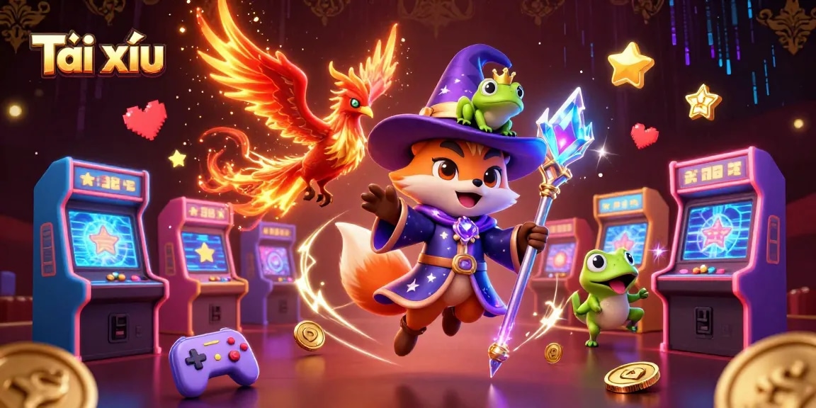 Engage in Tài xỉu with a mystical wizard and phoenix in an enchanting gaming scene.