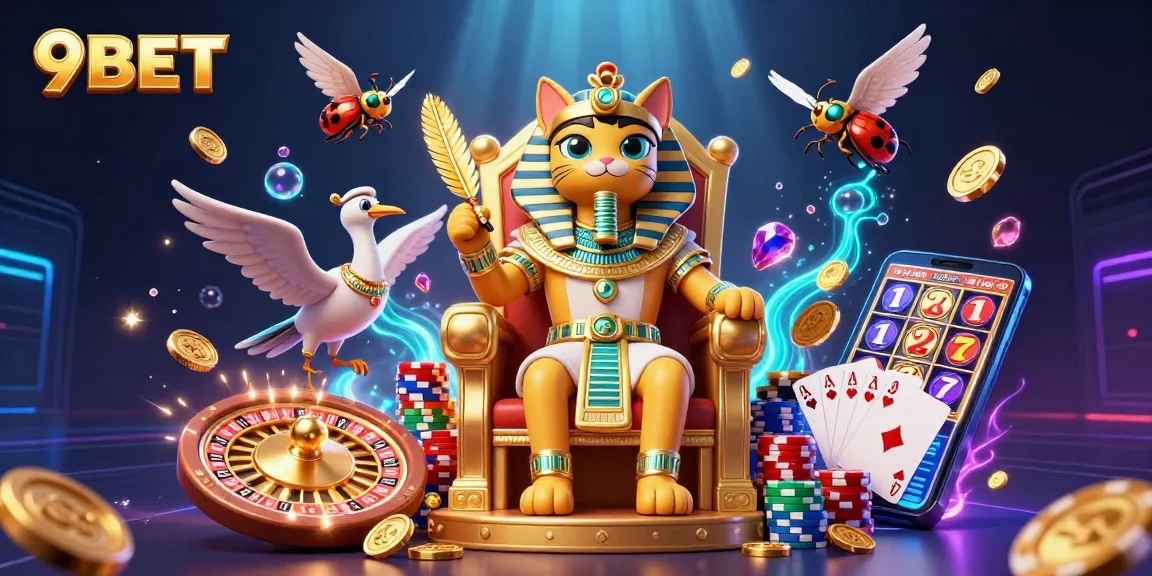 Engage with the exciting 9BET gaming experience through vibrant casino elements and rich illustrations.