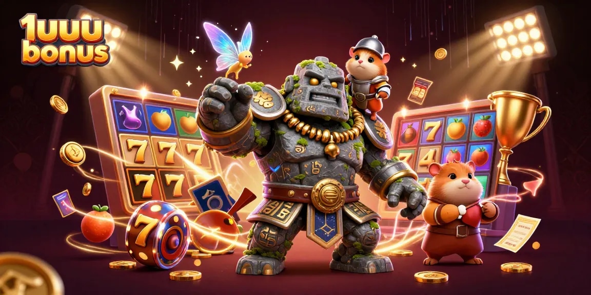 Aumente suas chances com o 1uuu bônus em uma ilustração vibrante de cassino com personagens encantadores.