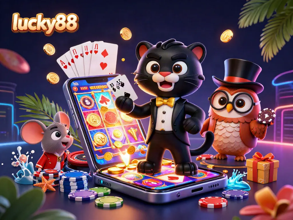 Experience exciting gameplay with lucky88, featuring a stylish panther, owl, and mouse amidst vibrant casino elements.