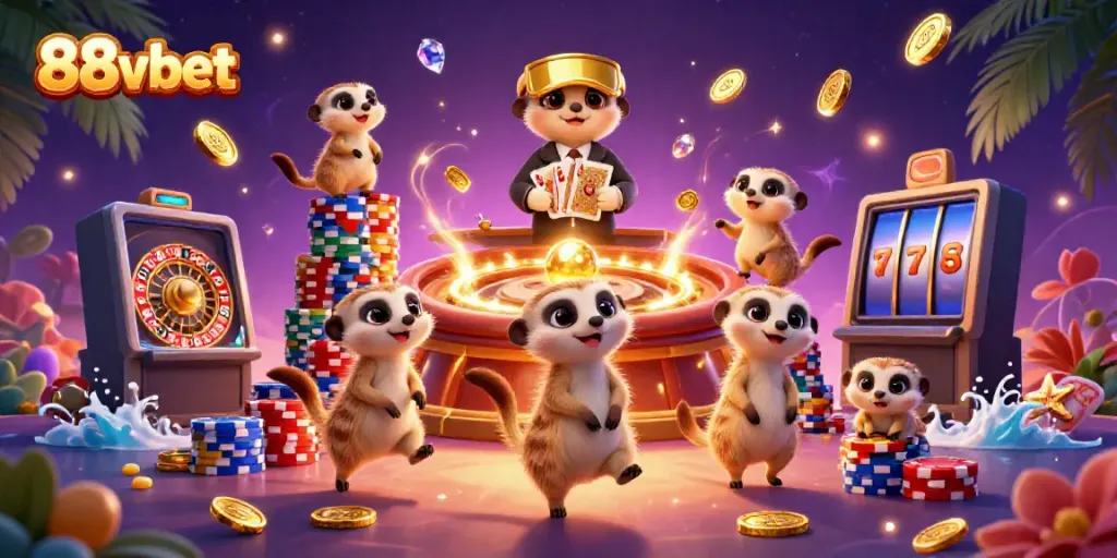 Experience the excitement of 88vbet with lively meerkats in a vibrant casino scene.