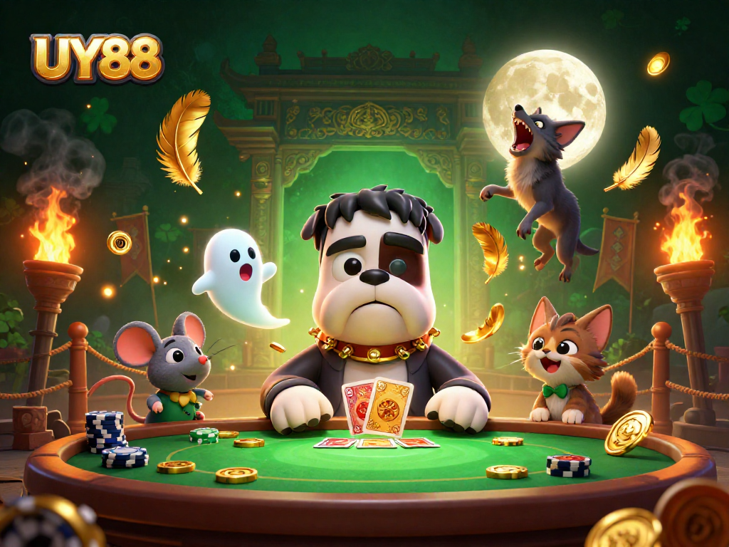 Experience thrilling UY88 gambling with a cartoon scene featuring unique characters at a haunted casino table.