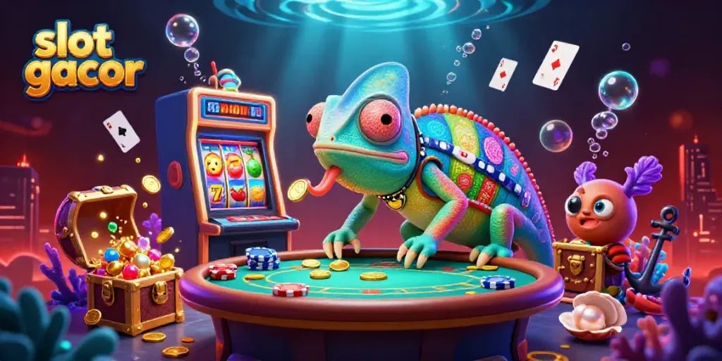 The vibrant casino scene features slot gacor symbols and a colorful chameleon mascot attracting players.