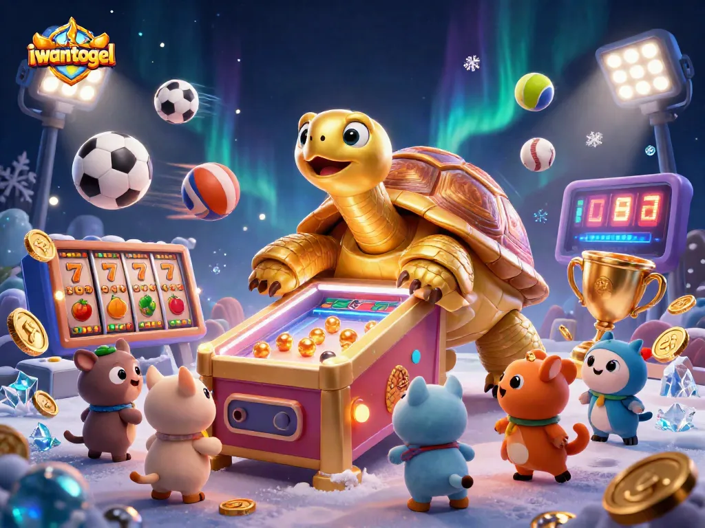 Play exciting games at iwantogel featuring a vibrant golden tortoise pinball machine and dynamic sports elements.
