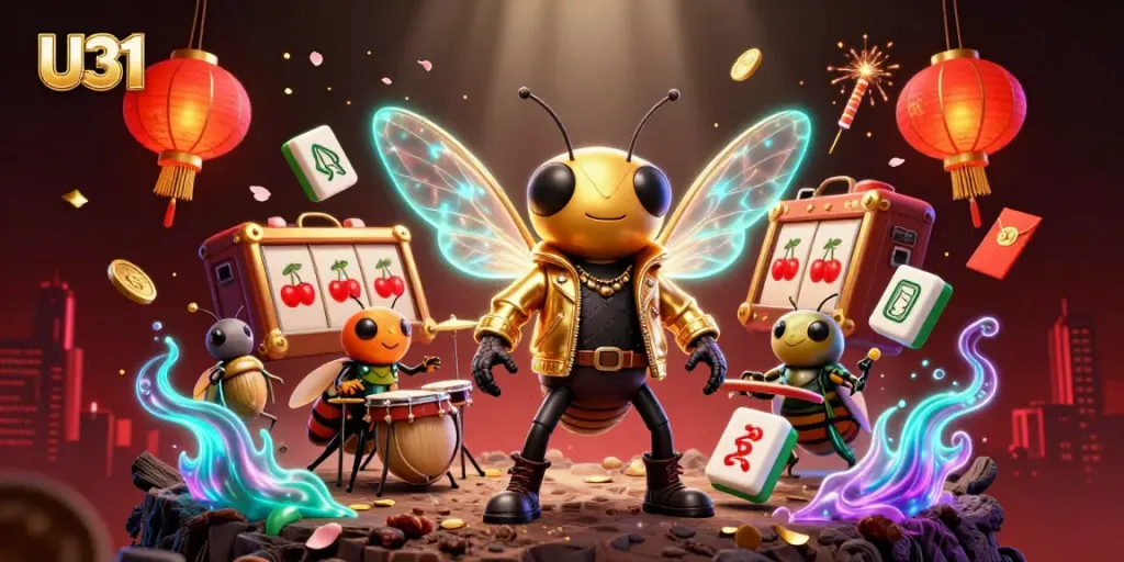 Spin winning slots with U31 featuring vibrant 3D characters celebrating amidst colorful casino games.