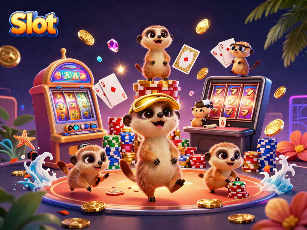 Slot gaming action with meerkats in a vibrant 3D casino illustration.