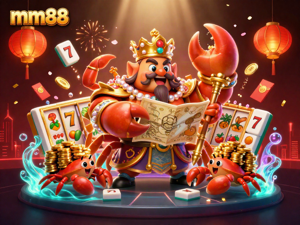 Experience thrilling gameplay with mm88 in a colorful casino illustration featuring golden crab emperor and slot reels.