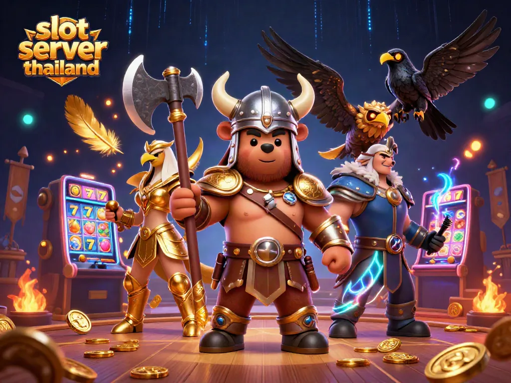 Engage with thrilling slot server thailand games featuring a Viking bear and Valkyrie eagle amidst rich casino elements.