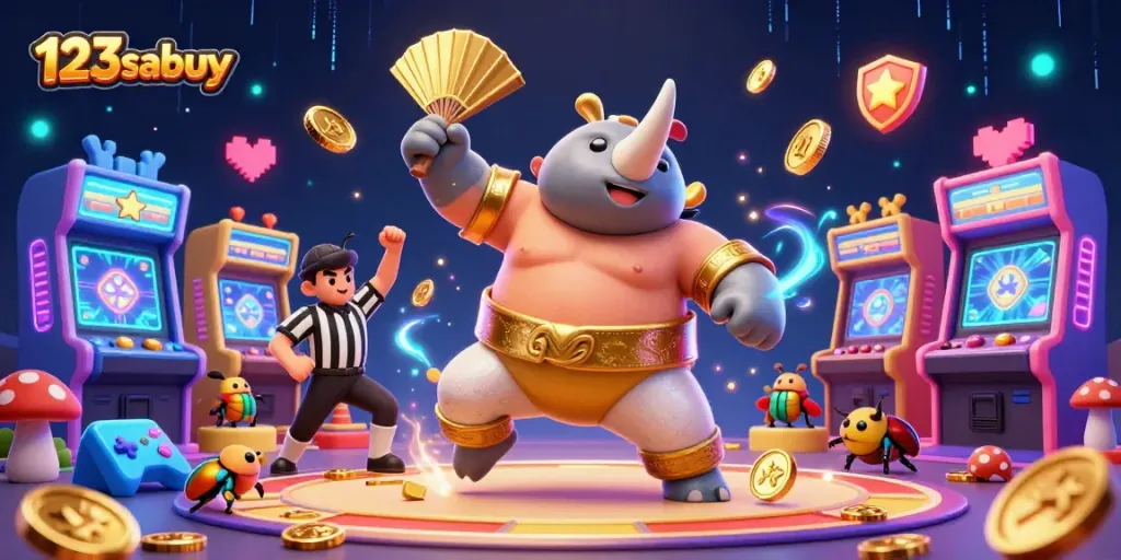 Experience the excitement of 123sabuy as a sumo beetle champion triumphs, surrounded by vivid gaming elements.