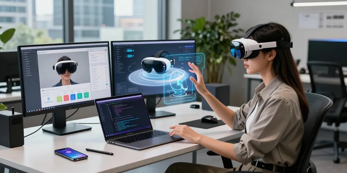 Developer exploring AR glasses applications in a sleek tech workspace