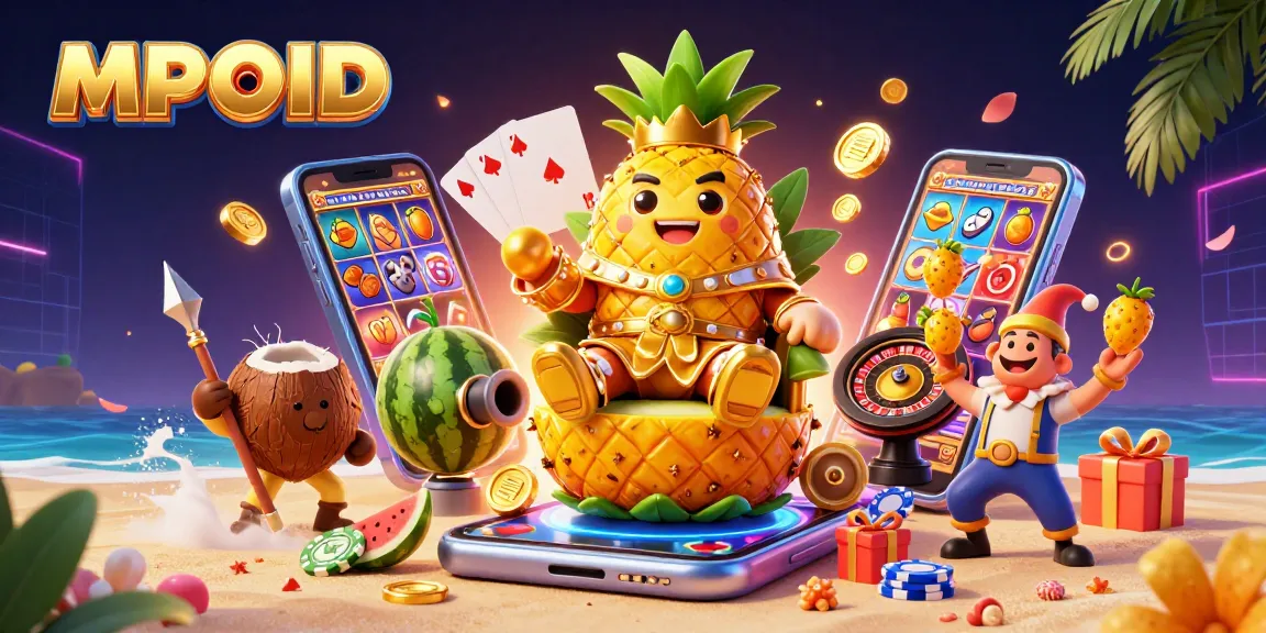 Engage with MPOID at a vibrant online casino scene featuring a golden pineapple king and dynamic game elements.