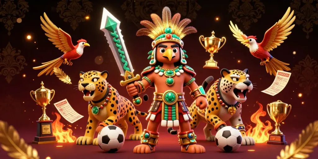 Engage in thrilling sports betting strategies with this vibrant scene showcasing a powerful Aztec warrior and playful jaguar under a dramatic casino ambiance.