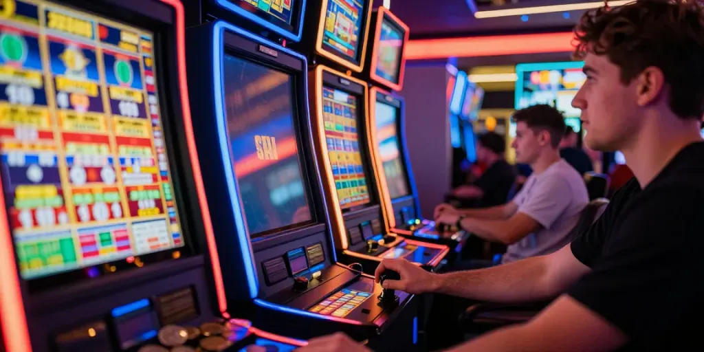 Player engaging at a slot machine, excitement in pursuit of a slot jackpot in vibrant casino atmosphere.
