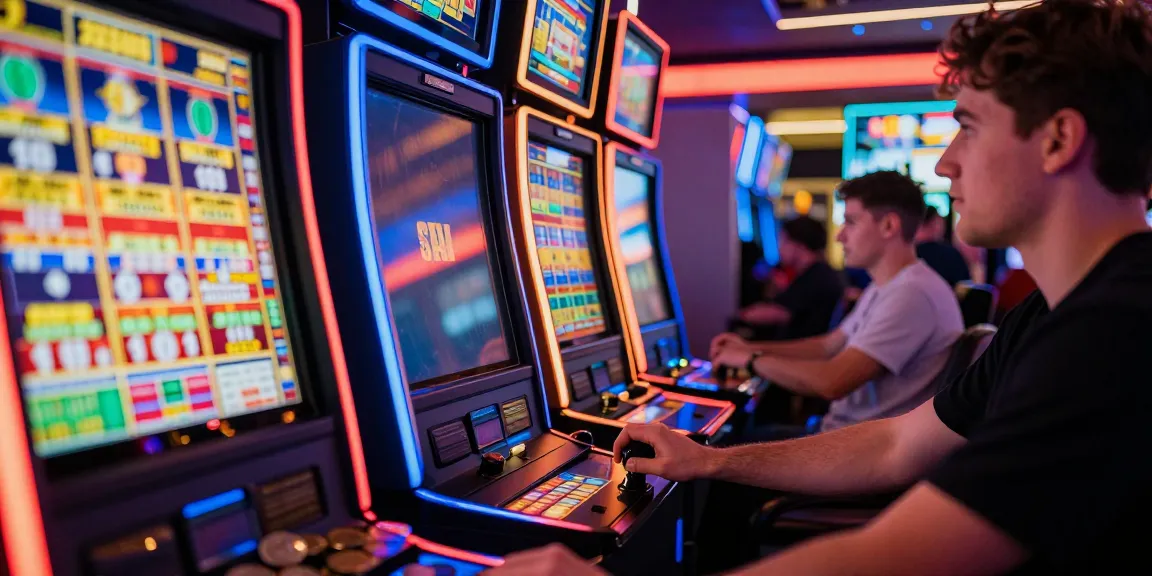 Player engaging at a slot machine, excitement in pursuit of a slot jackpot in vibrant casino atmosphere.