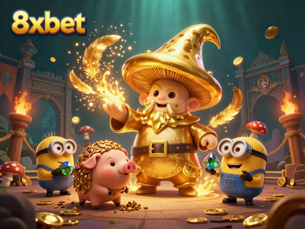 Experience the magic at 8xbet with a mystical golden mushroom wizard casting spells for treasure.