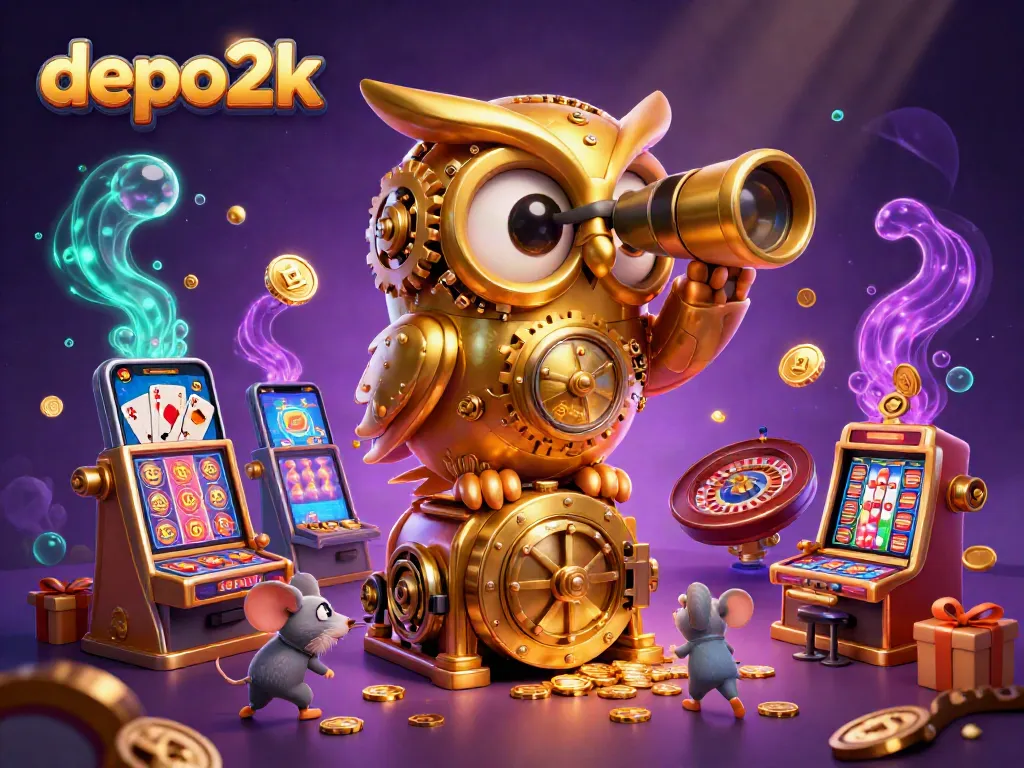 Engage with depo2k's vibrant gaming scene showcasing 3D owl, slot games, and excitement!