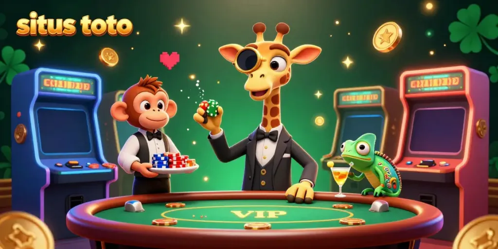 Situs toto highlights a luxurious casino scene with vibrant characters and game elements, showcasing a high-roller giraffe.