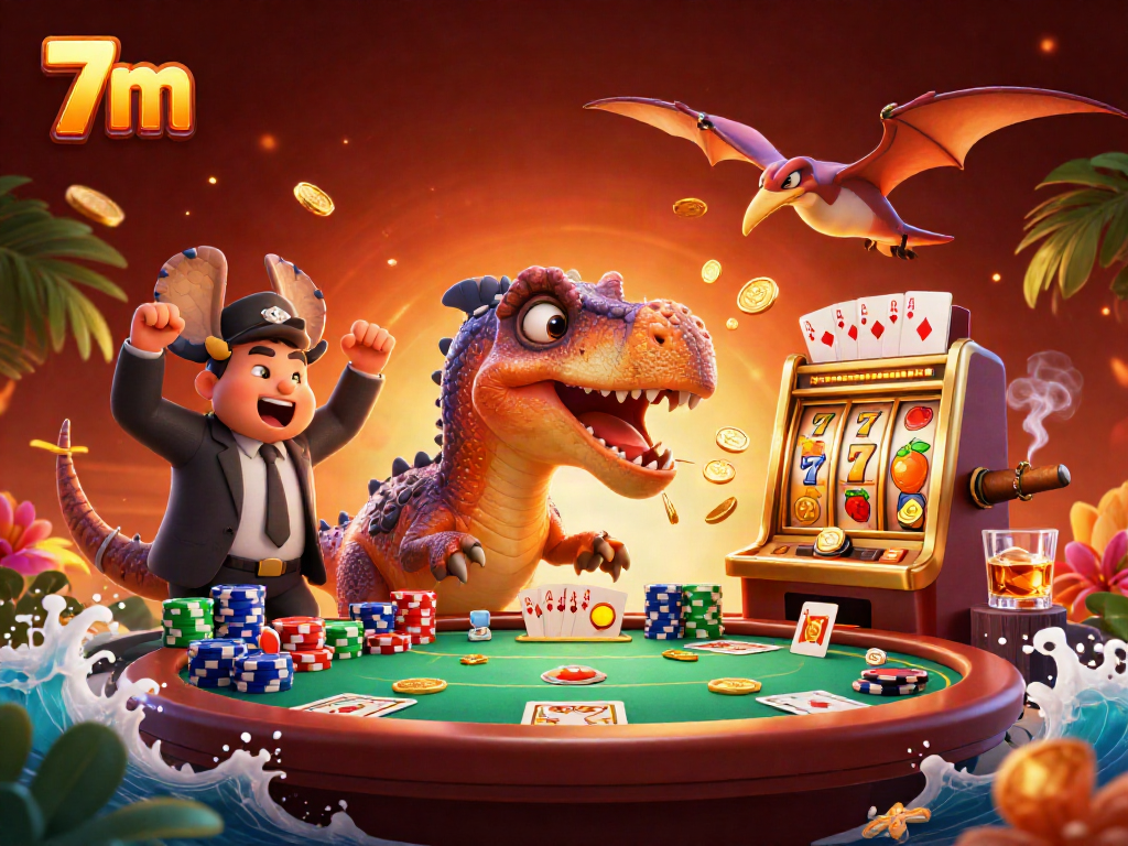 Engaged 7m cartoon dinosaur illustration with slot machine jackpot, gold coins flying in casino setting.