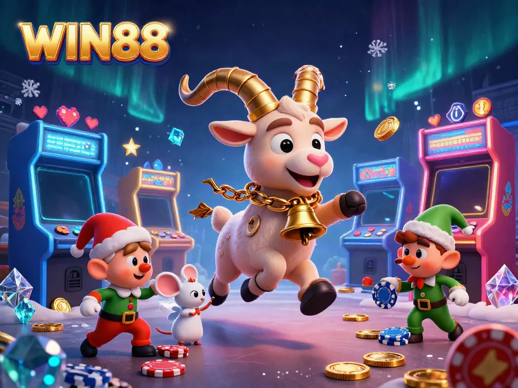 Experience the thrill of WIN88 with an illustrated holiday-horror casino scene full of fun characters and gaming elements.