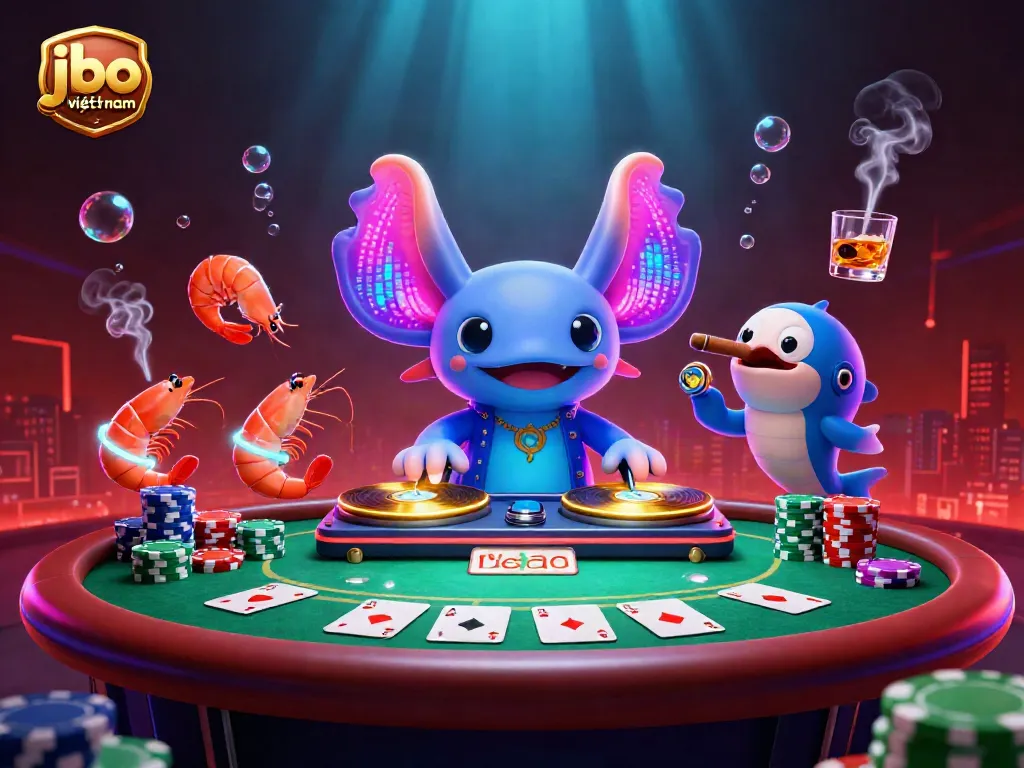 Engage in thrilling gaming with jbo việt nam featuring a vibrant axolotl DJ and poker table.