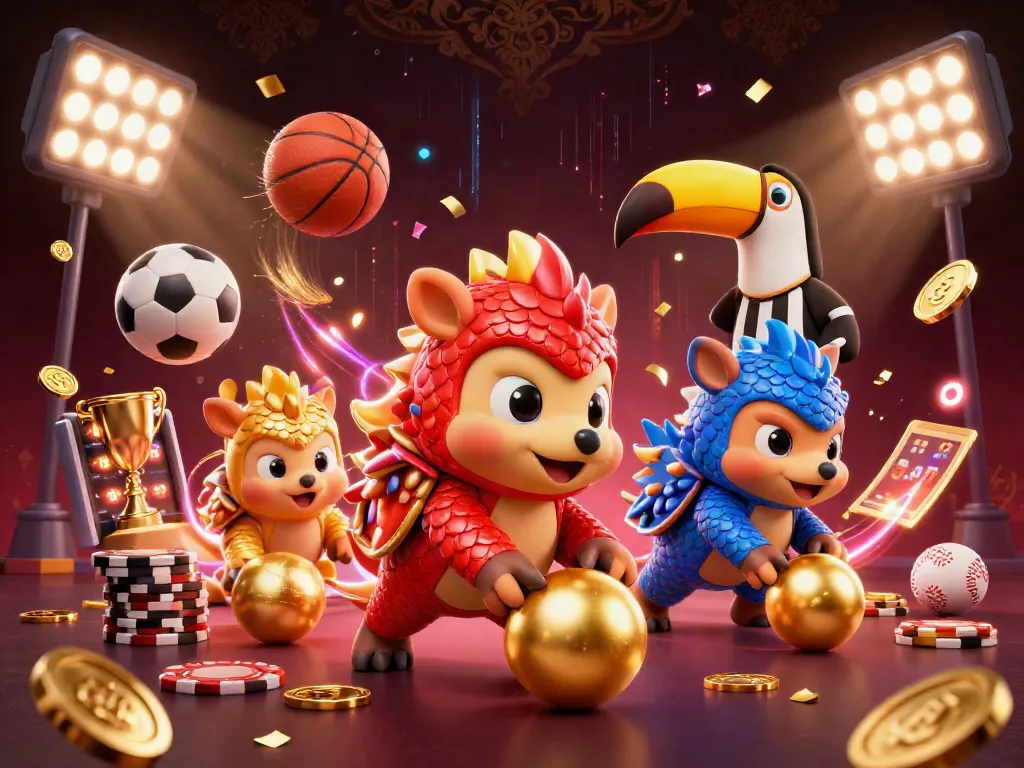 Debet's thrilling sports-themed casino illustration with dynamic pangolin characters and vibrant gaming elements.