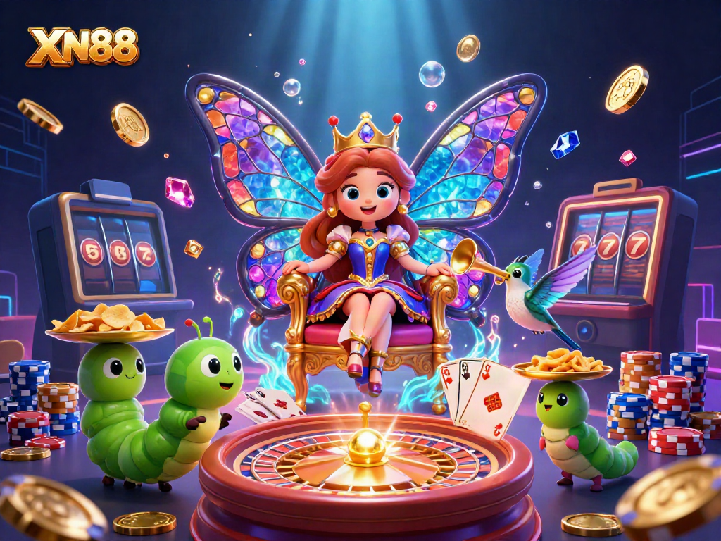 Experience XN88 with a vibrant illustration of a butterfly queen and golden casino elements