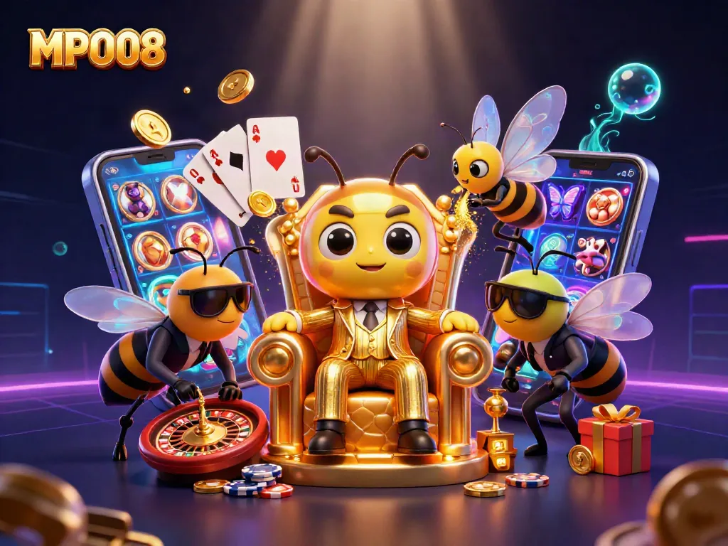 MPO08 features a vibrant online casino scene with a cartoon bumblebee mob boss amidst luck-infused elements for gamblers.
