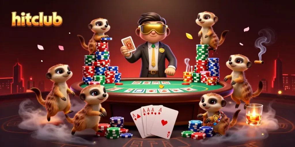 Engage in poker excitement at hitclub with meerkats managing an energetic casino scene.
