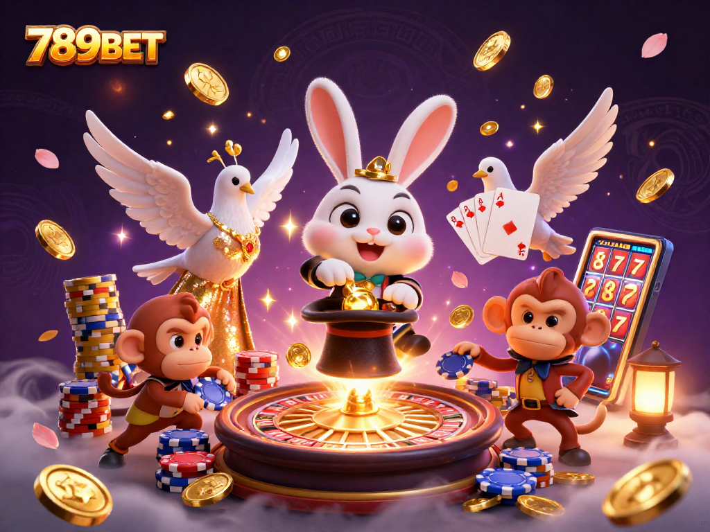 Experience the magic of 789BET with a cartoon magician rabbit, coins, and casino elements.