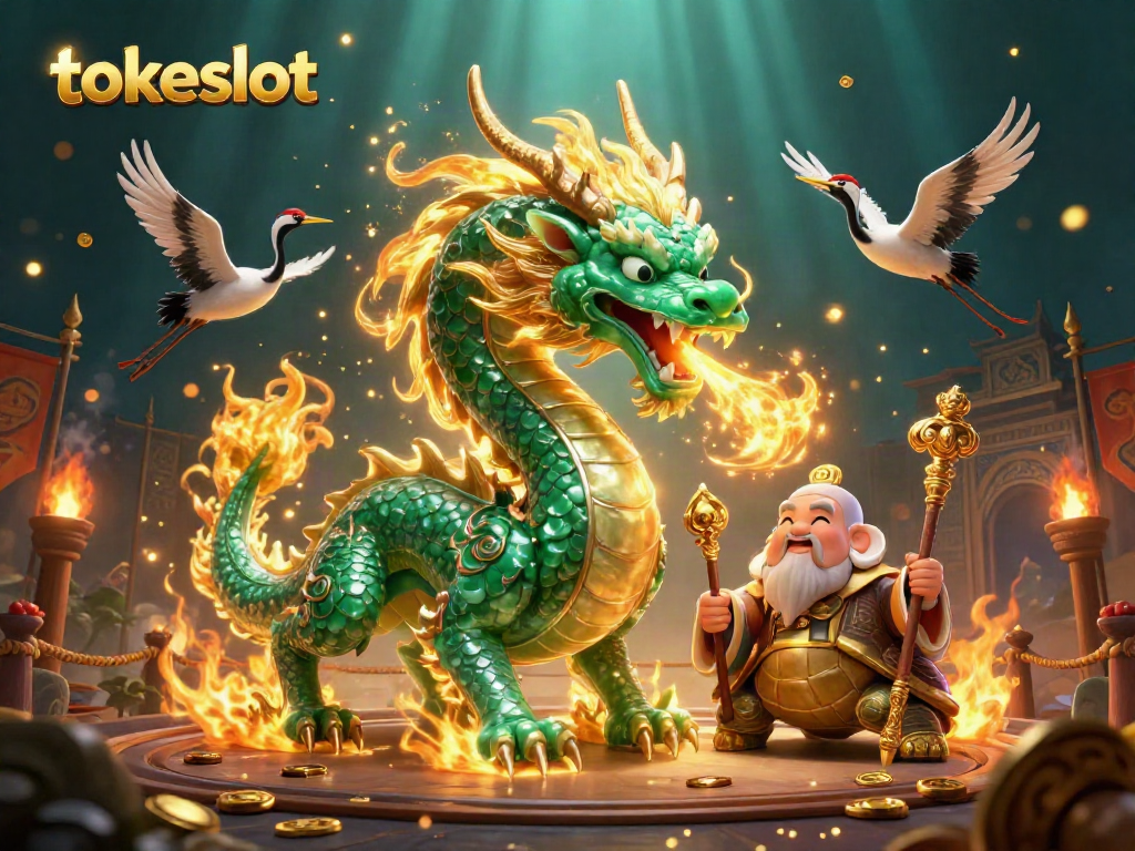 Experience the excitement of tokeslot with a mystical dragon, wise sage, and flying cranes, set in a vibrant casino scene.