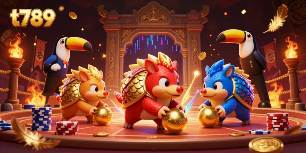 Engaging t789 casino scene with rival pangolins competing over poker chips in vibrant, dynamic atmosphere.