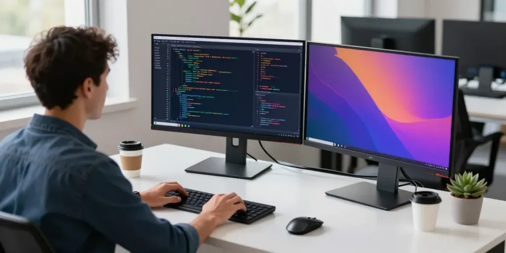 Developer coding at a modern workspace, showcasing https://jago108.com/ tech environment and productivity.