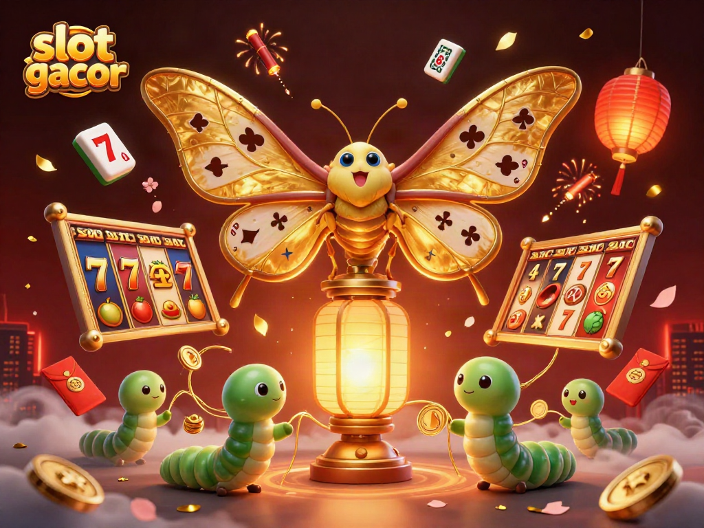Engage with slot gacor through a vibrant 3D illustration of casino themes featuring golden moth and dynamic game elements.