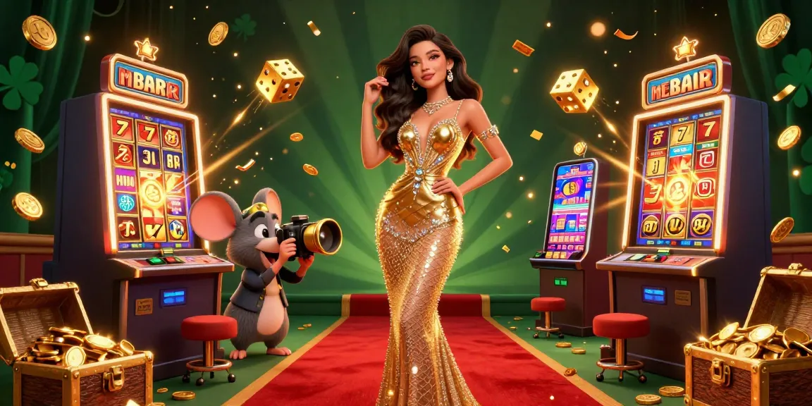 manclub players winning at slots with a glamorous woman, cartoon mouse photographer, and vibrant casino elements