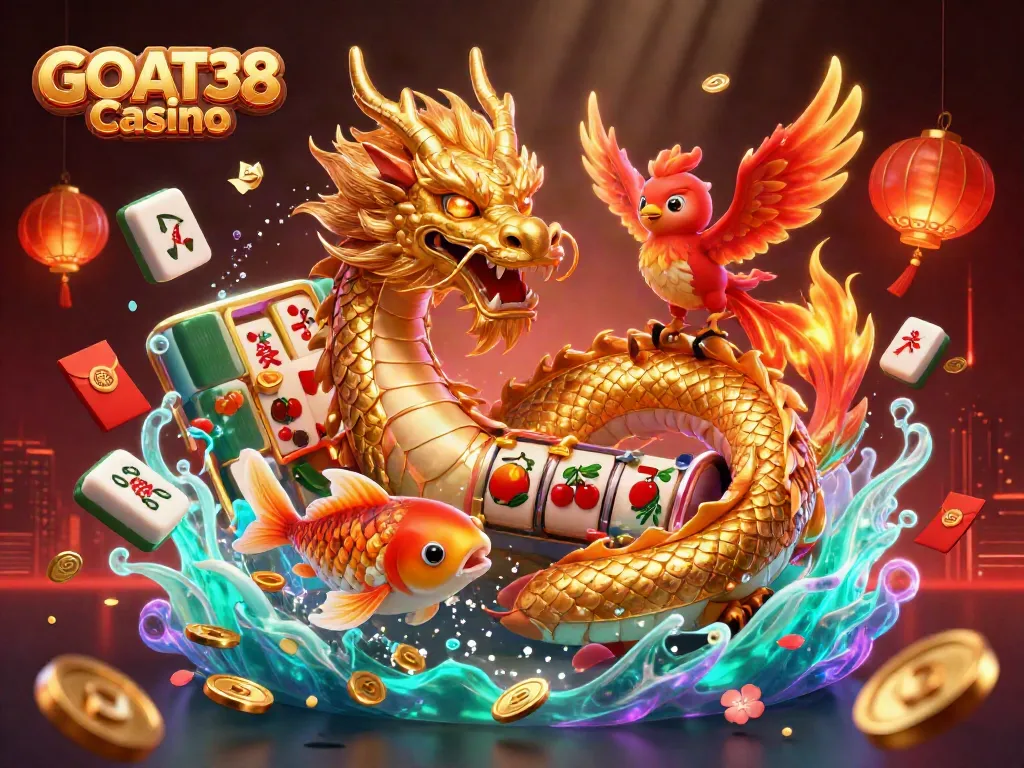 Experience excitement at GOAT38 Casino with a playful 3D illustration of a dragon and phoenix.