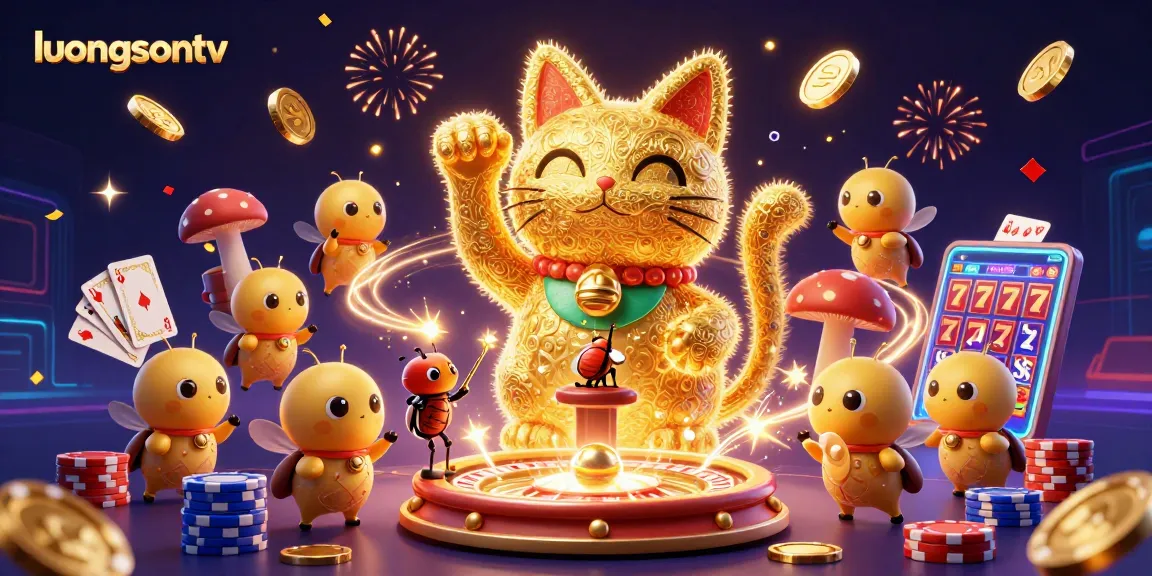 luongsontv features an enchanting lucky cat surrounded by dynamic casino elements, ideal for betting enthusiasts.