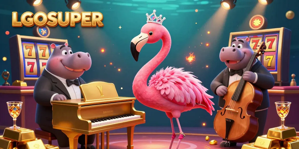 Experience thrilling gaming with LGOSUPER's colorful casino scene featuring flamingos and cool characters.