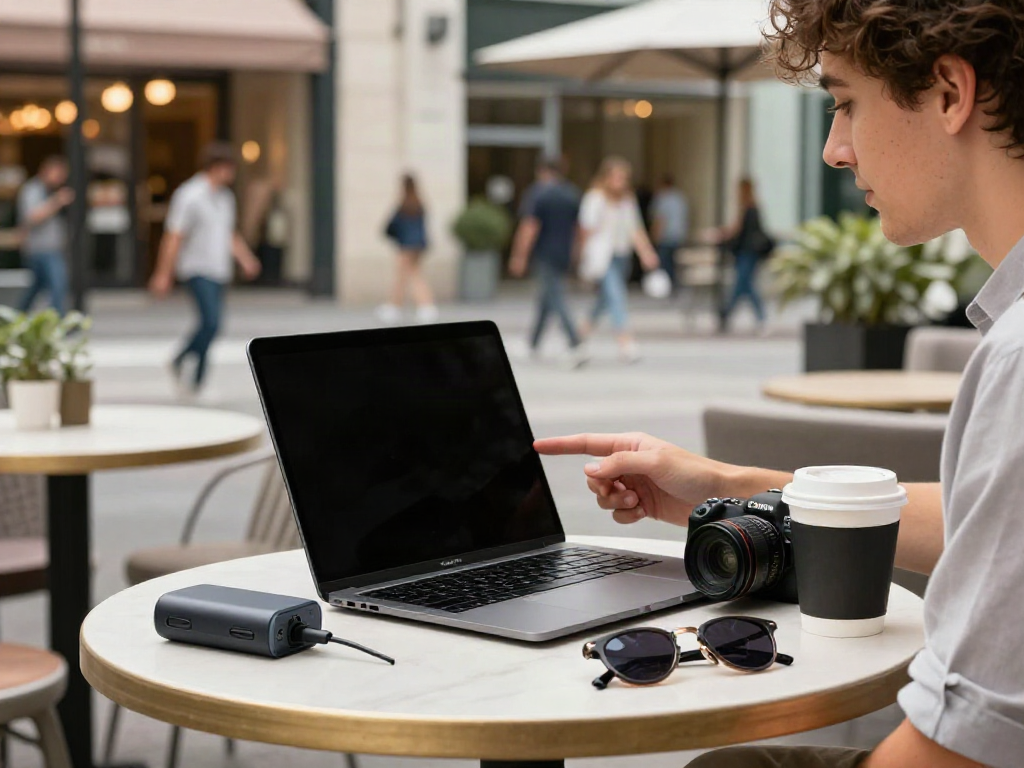 Pengalaman belanja online menggunakan hokkaidoryoma.com di kafe modern dengan aksesori stylish.