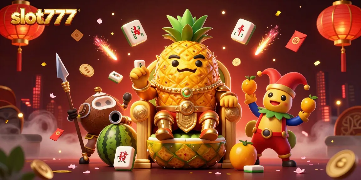 Gain big wins with slot777 in this lively casino scene featuring a pineapple king and playful characters.