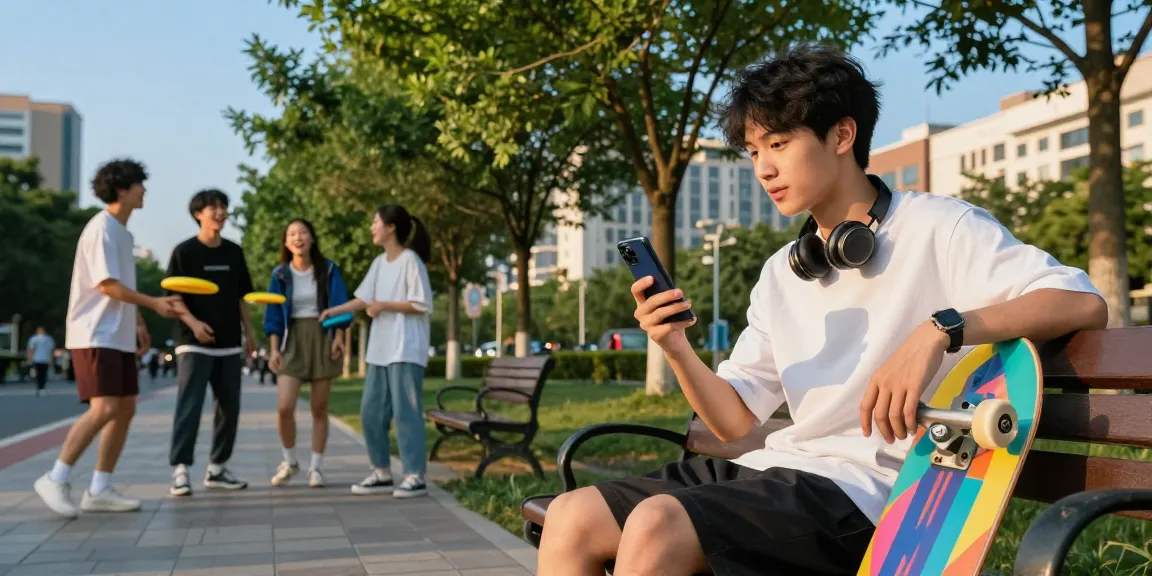 Engaging moment with an AI girlfriend on a smartphone in a vibrant urban park.