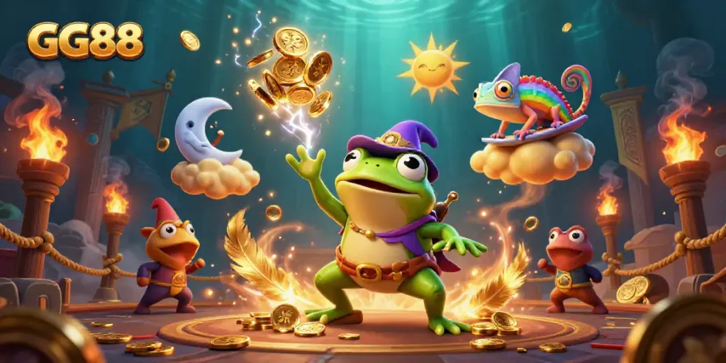 Engaging GG88 online casino scene with a wizard frog, chameleon, and gold coins swirling in an exciting atmosphere.