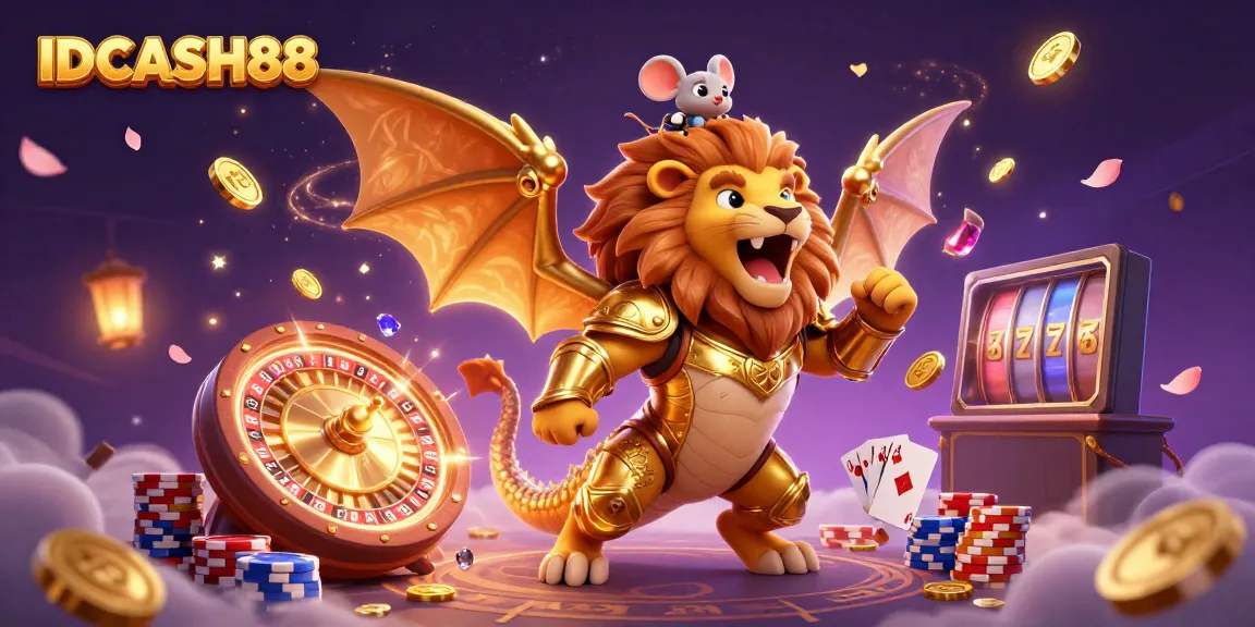 Experience thrilling gameplay with IDCASH88's vibrant casino illustration featuring a chimera creature and casino elements.