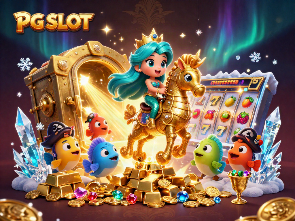 Experience the adventure of PG SLOT with a mermaid princess and seahorse in a treasure-filled scene.