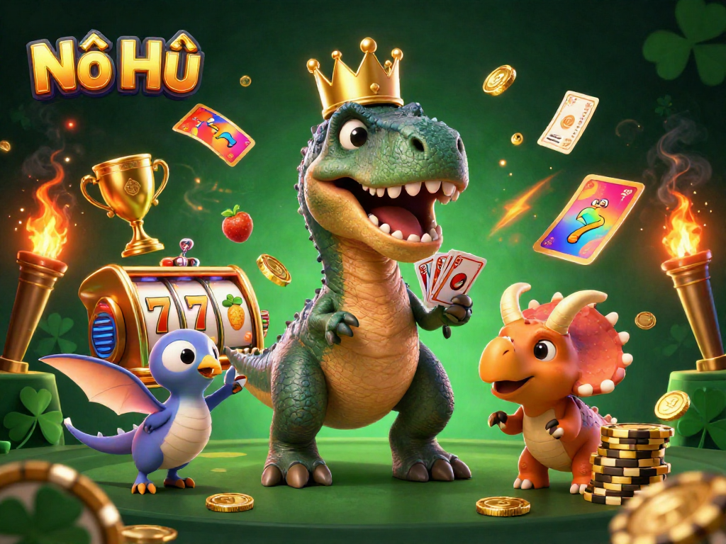 Nổ Hũ showcases a vibrant 3D scene with a T-Rex, pterodactyl, and baby triceratops engaged in card games, surrounded by dynamic casino elements.