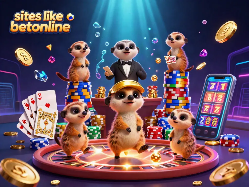 Engage with fun casino action at sites like betonline in a vibrant 3D meerkat casino illustration.